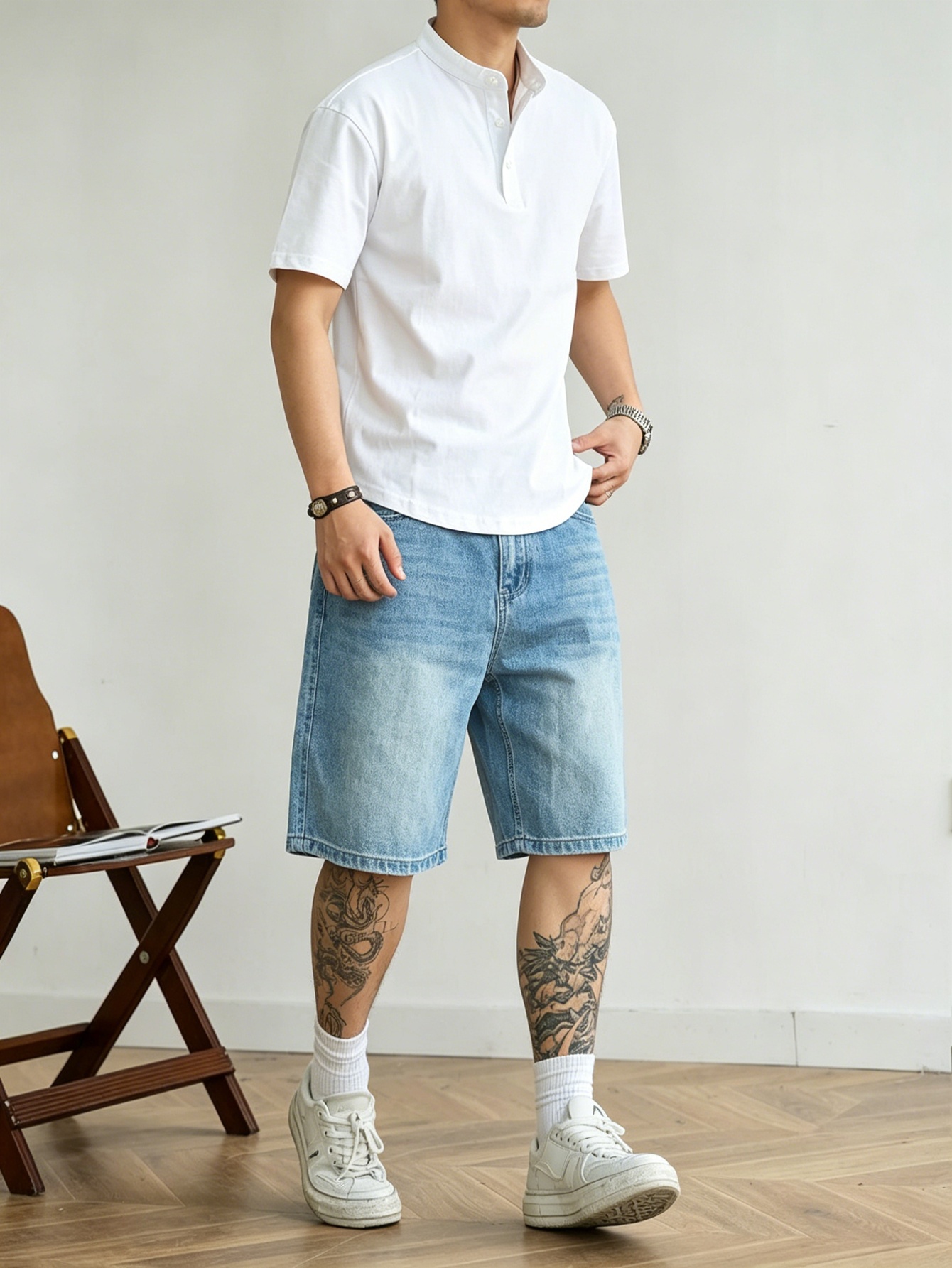 Korean Men Lifestyle - 루즈핏 블루 논스트레치 데님 반바지 남성