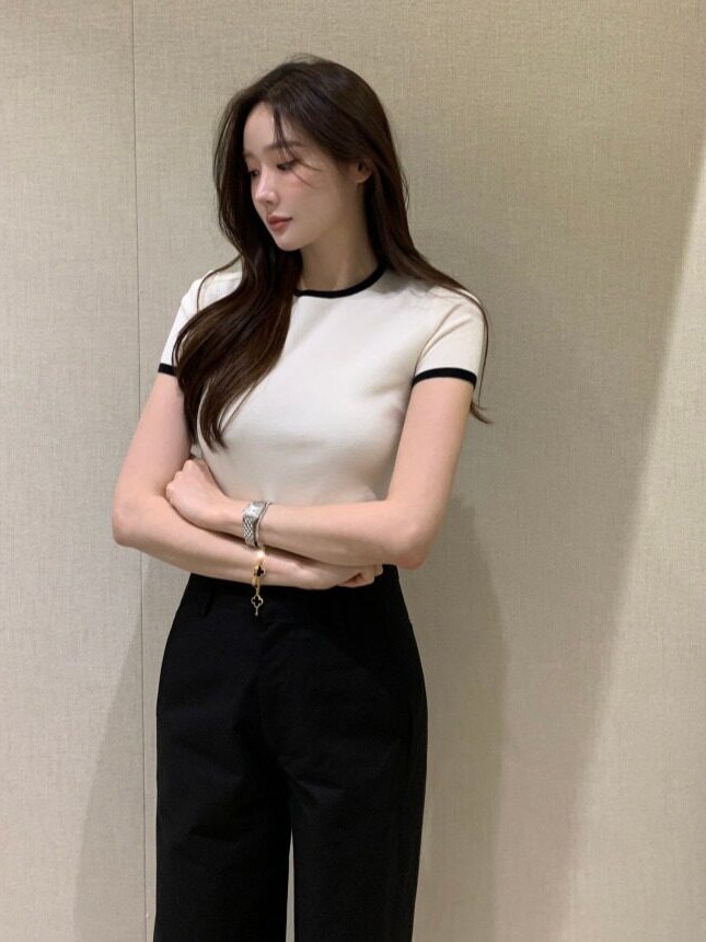 시크한 여름 신상 얇은 컬러 블록 반팔 니트 스웨터 한 - Korean Women Lifestyle 리뷰 및 가격