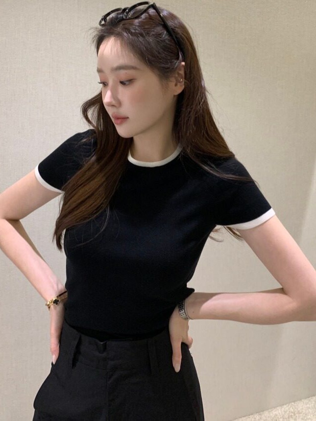 시크한 여름 신상 얇은 컬러 블록 반팔 니트 스웨터 한 - Korean Women Lifestyle 리뷰 및 가격